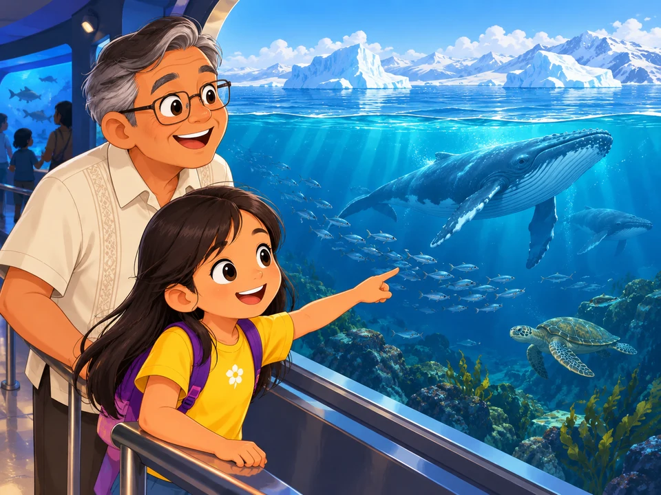 museum ocean panorama with distant ice and marine animals. 
