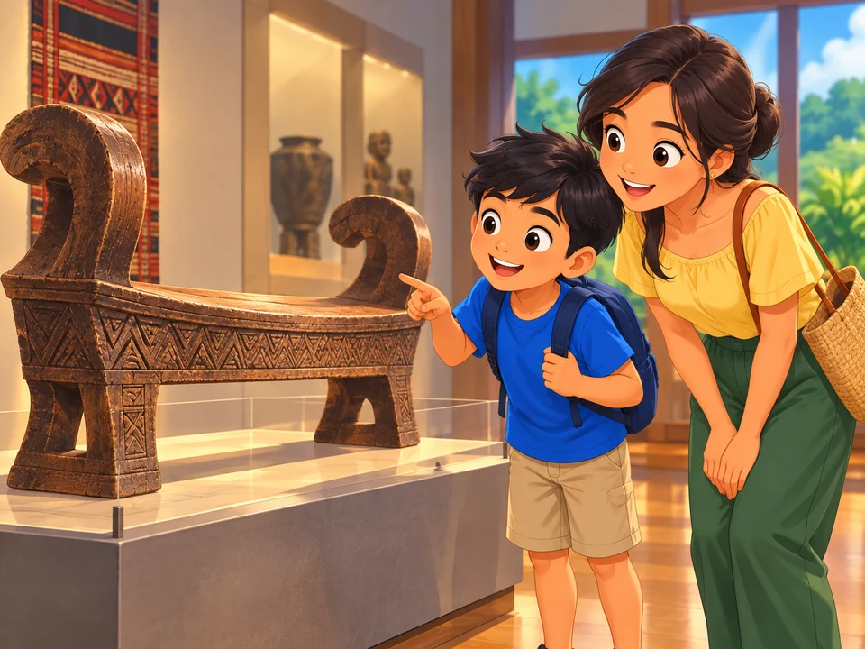 boy and aunt view an artistic wooden bench museum display. 