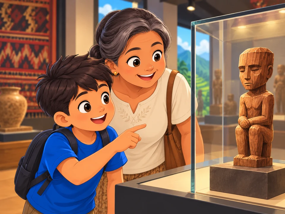 boy and grandmother view a wooden person-shaped figure behind museum glass. 