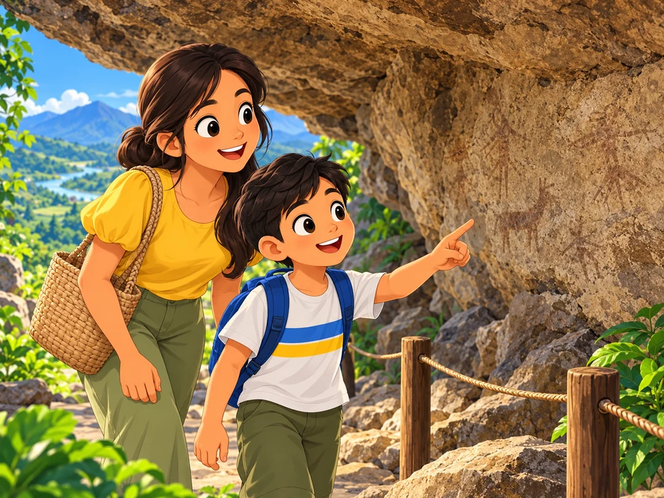 aunt and boy stay behind a rope before rough engraved rock