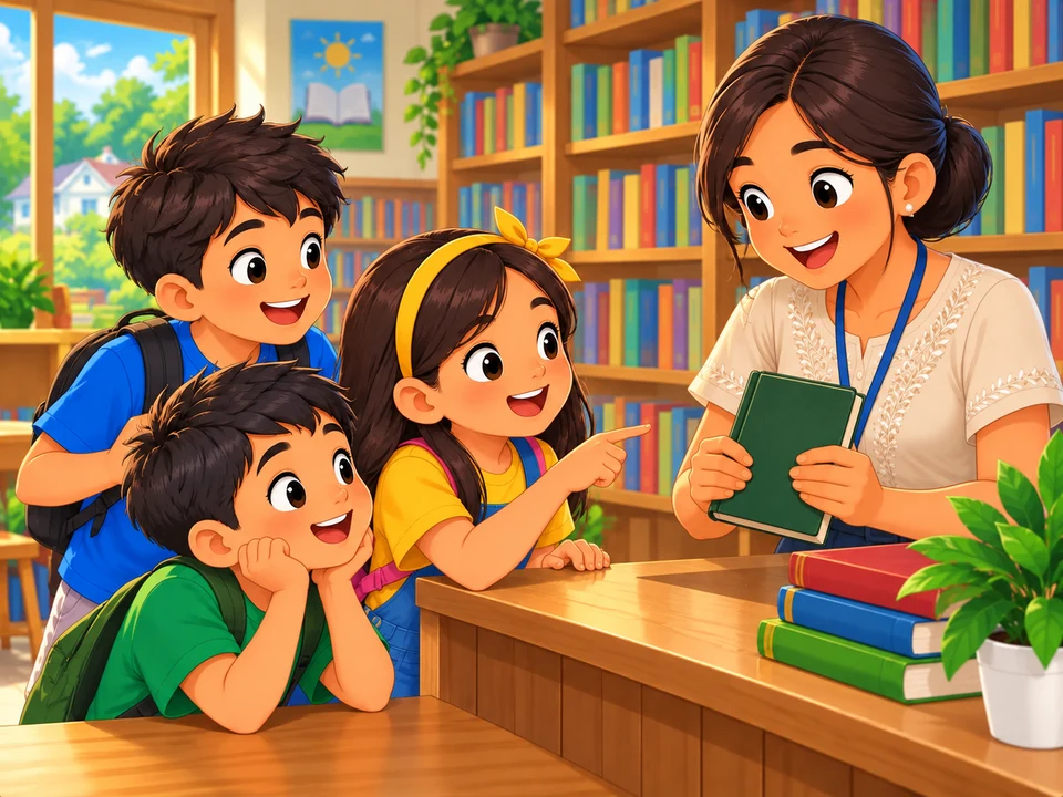 Three children ask a librarian about a book beside library shelves.