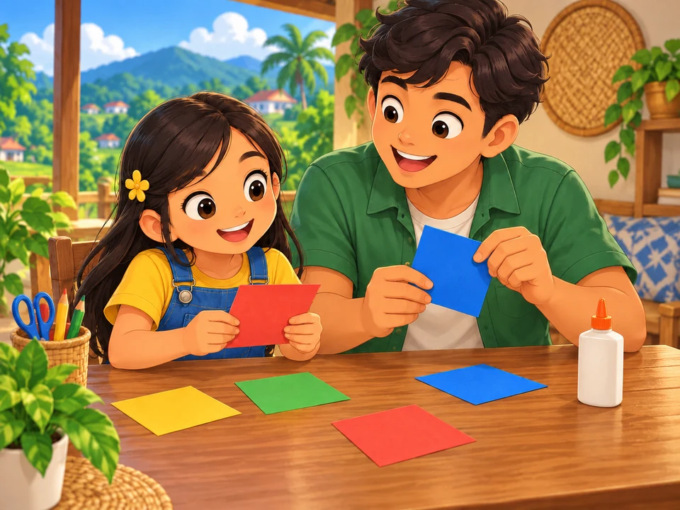 A girl and uncle prepare six loose paper squares at a craft table.