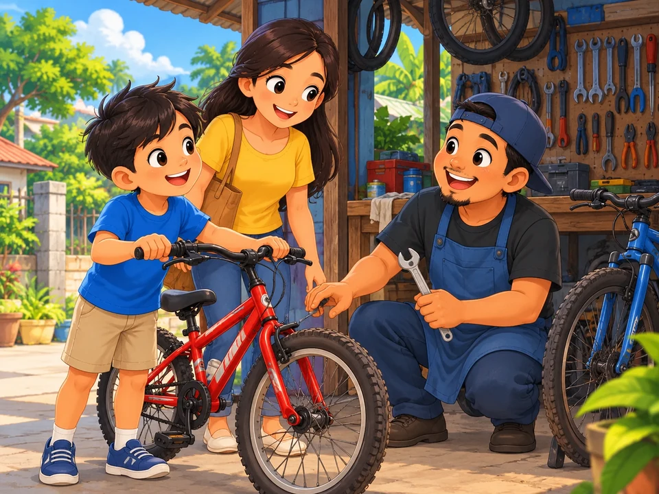 child and mother bring a bicycle to a repair-shop mechanic. 