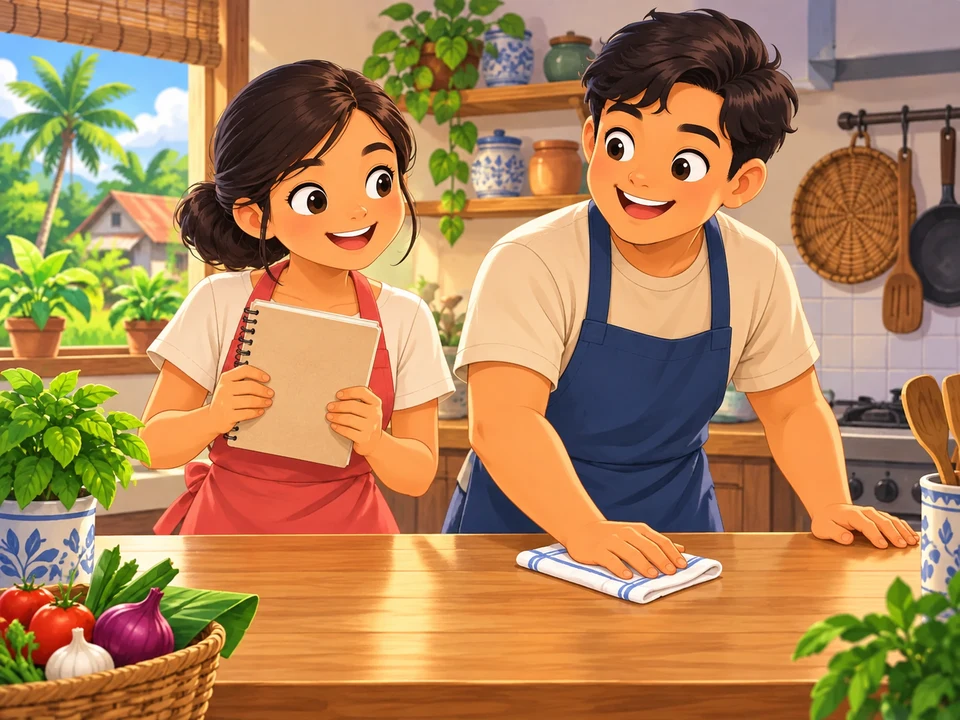 Two Filipino cooks prepare to start a recipe in a home kitchen.
