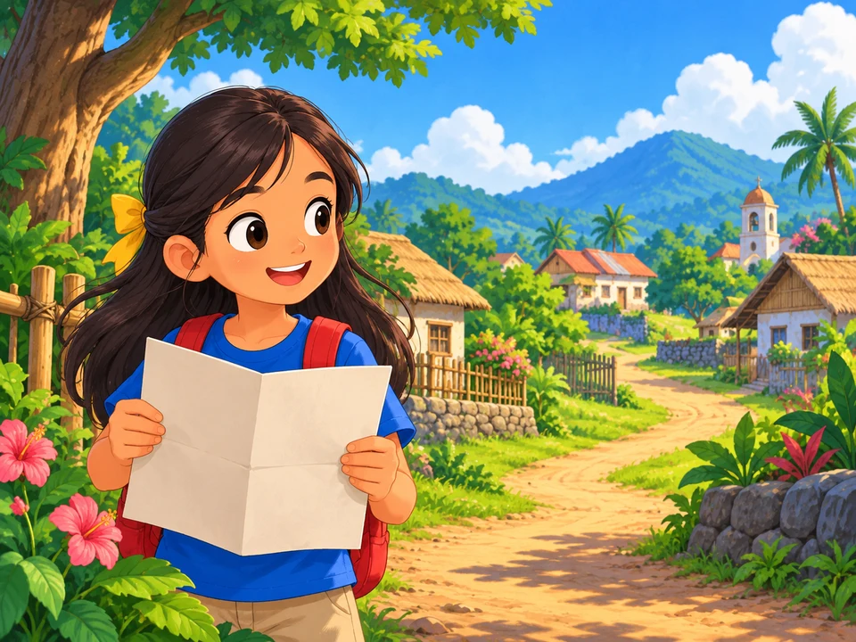 A Filipino girl holds a folded map before a walk in a make-believe village.