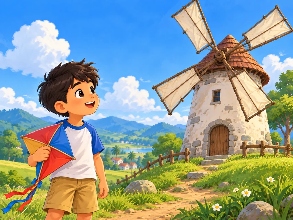 A boy and one kite beside a whimsical windmill in a made-up countryside.