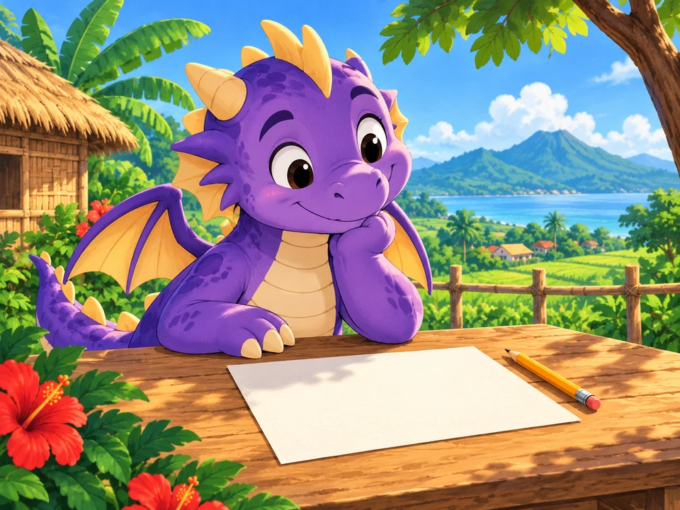 A friendly dragon studies a blank sheet at an outdoor drawing bench.
