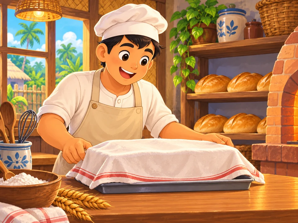 A baker waits behind a counter with a covered tray in a made-up bakery.