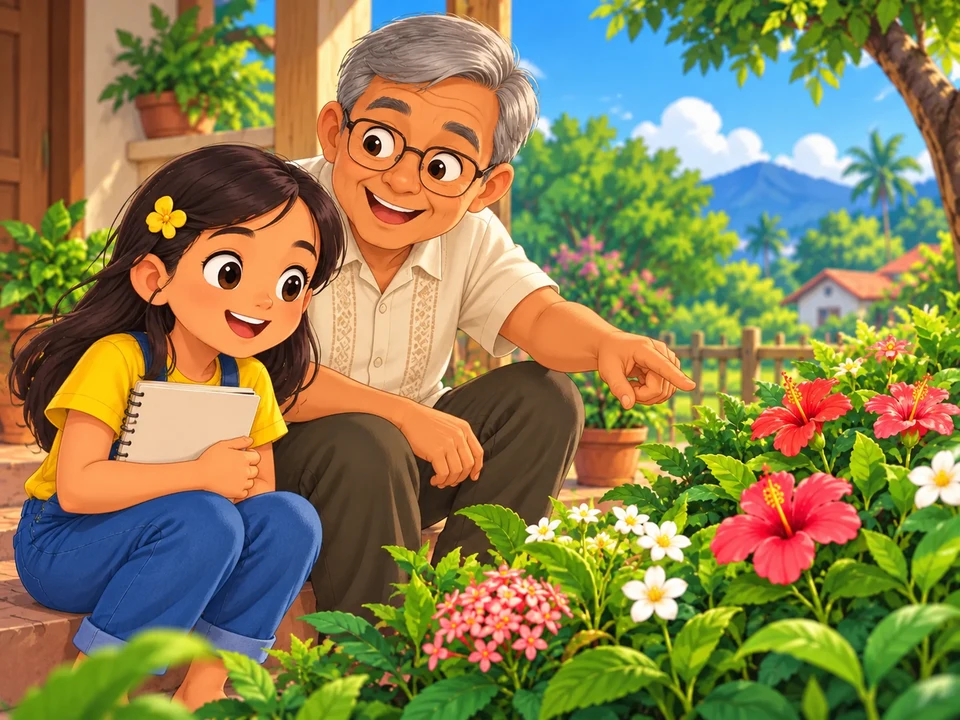 girl and grandfather on veranda looking at daytime flowers, closed notebook. 