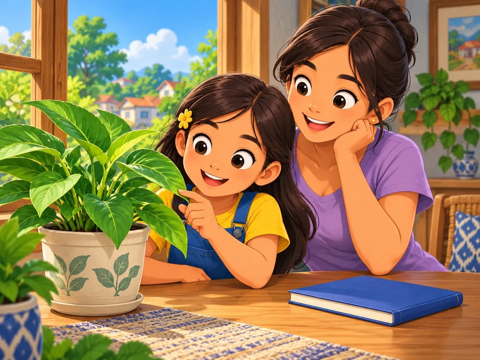 Girl and aunt view leaves of a potted plant.