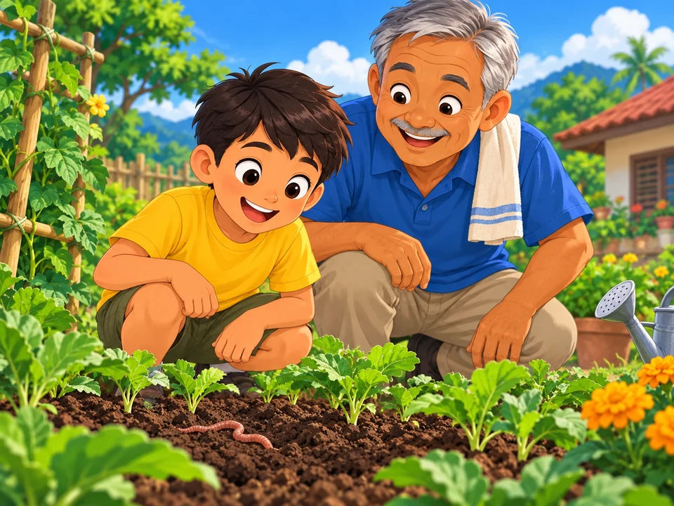 Boy and grandfather observe a worm beside garden plants.