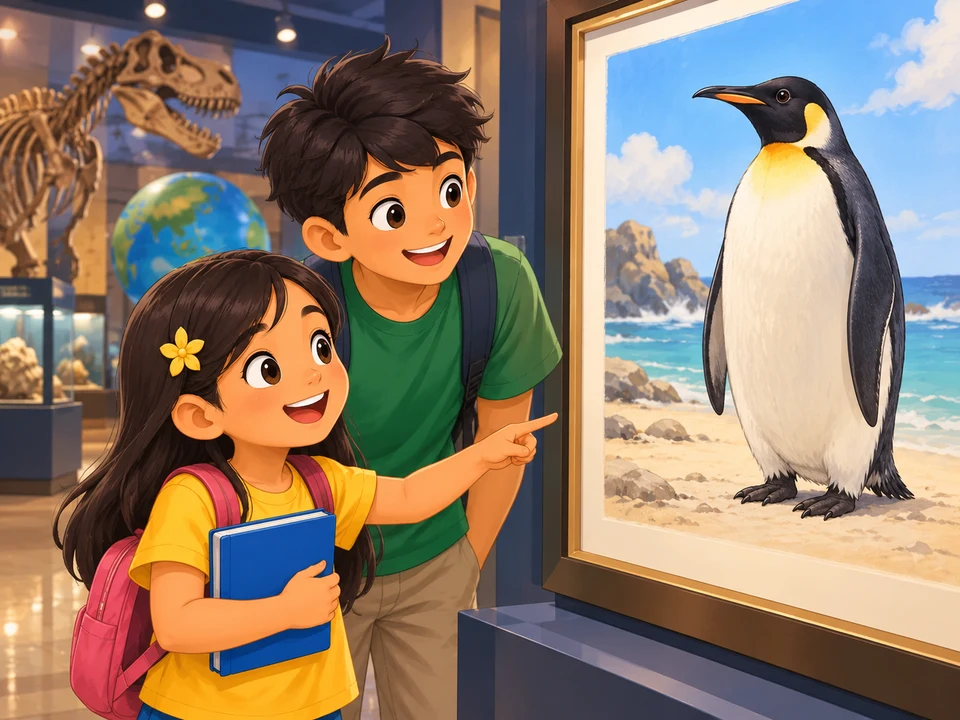 Girl and brother view a standing penguin picture.