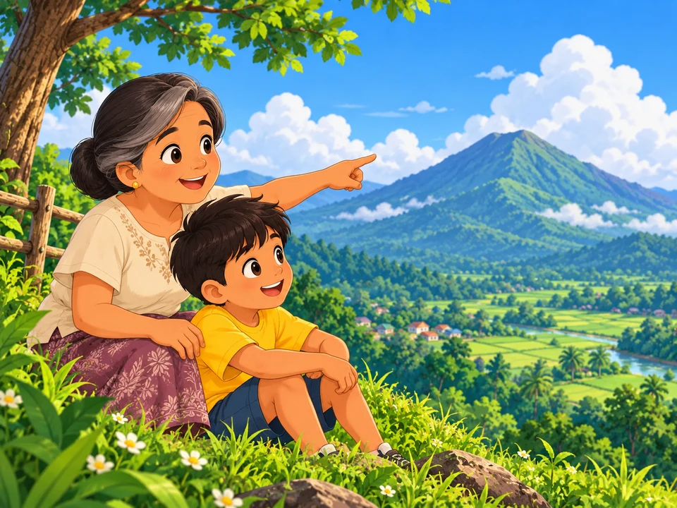 Boy and grandmother view a mountain.