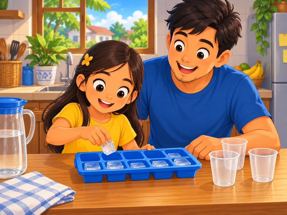 Girl and father prepare an ice tray at a kitchen table.