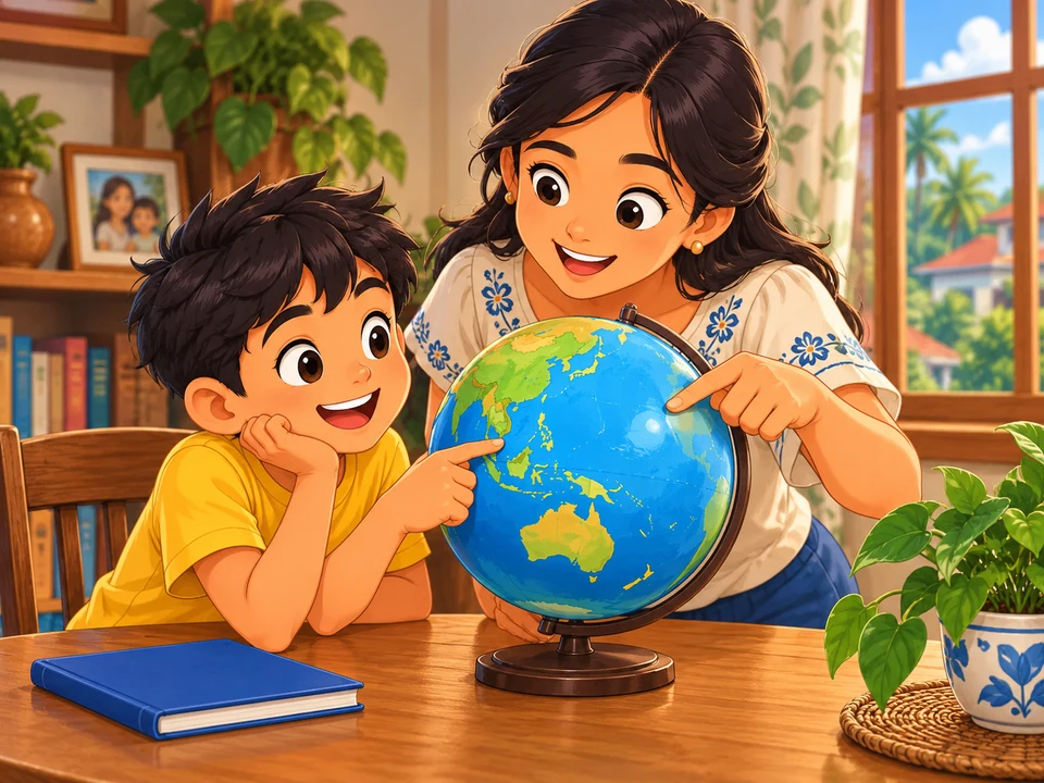 Boy and aunt view a globe.