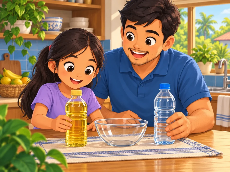 Girl and father prepare separate oil and water bottles.