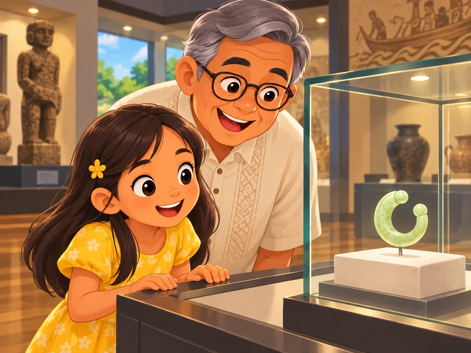 Girl and grandfather view an earring museum display.