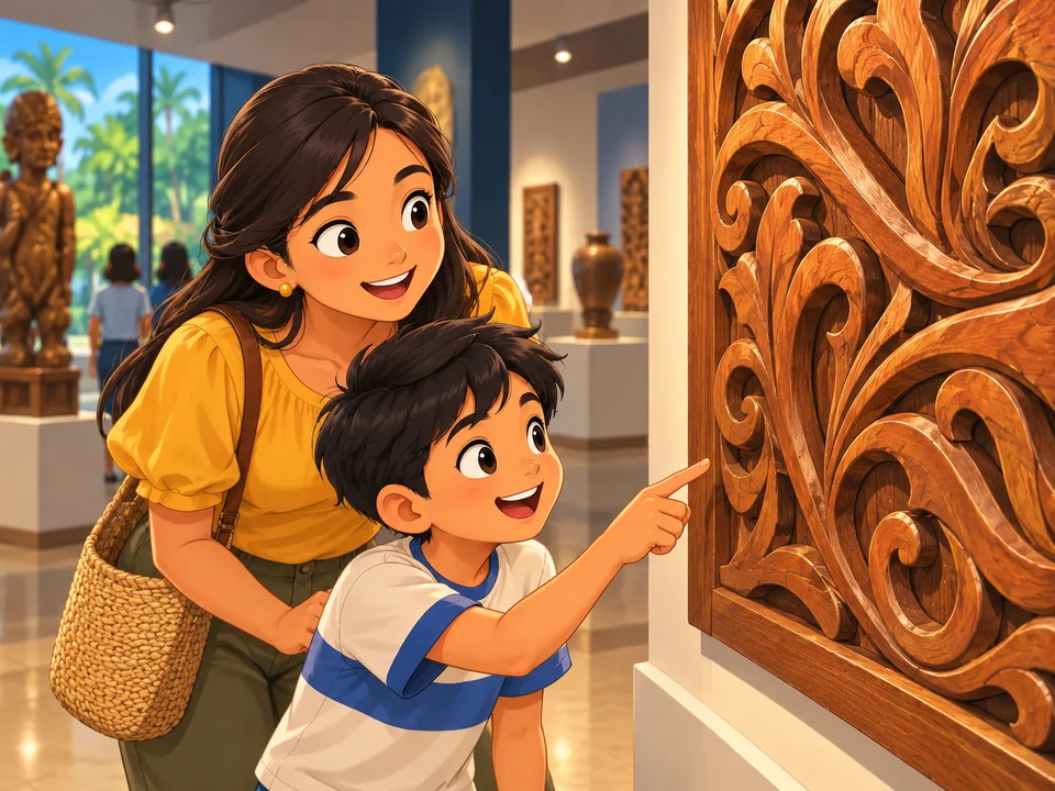 Boy and aunt view curved wooden art.