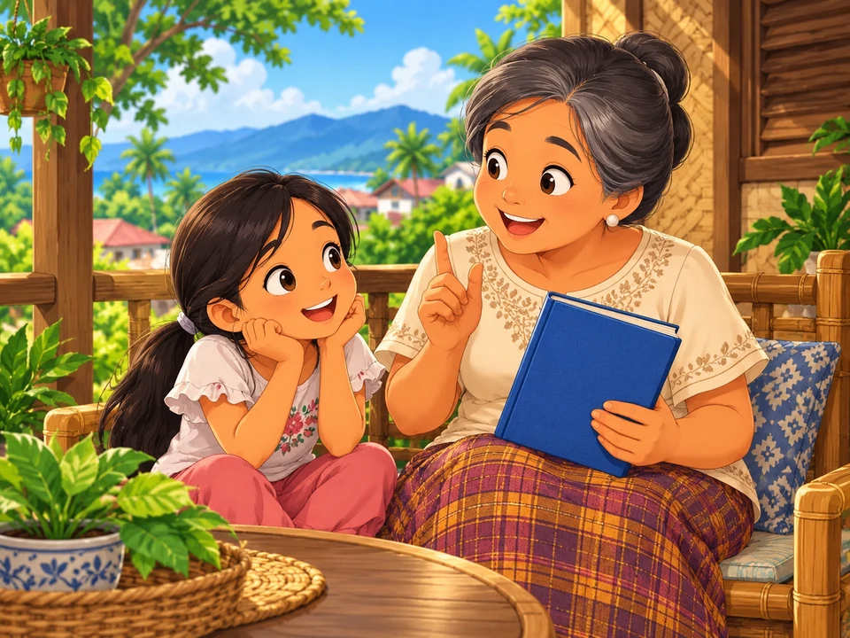 Girl and grandmother talk beside a closed storybook.