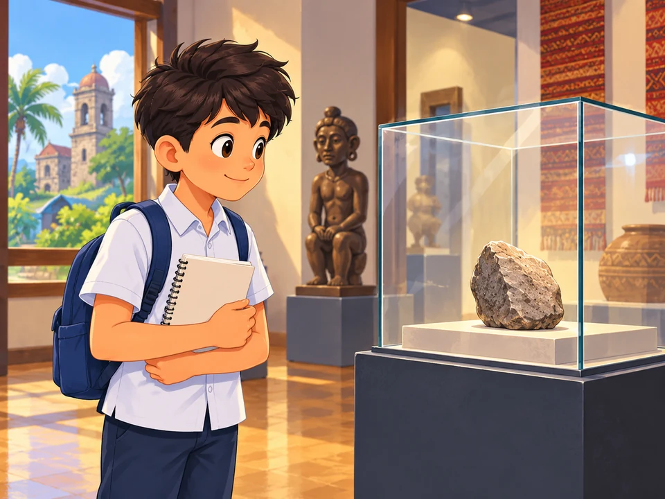A pupil views a modest stone artifact from a respectful distance in a museum.