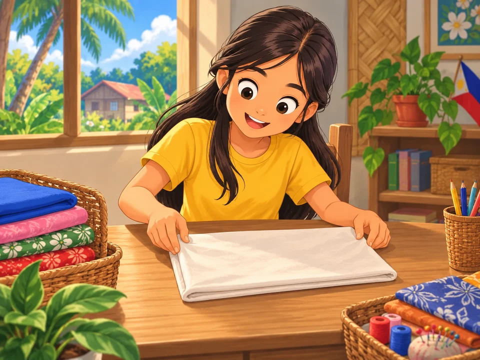 A pupil prepares folded fabric at a craft table before making a pillow cover.
