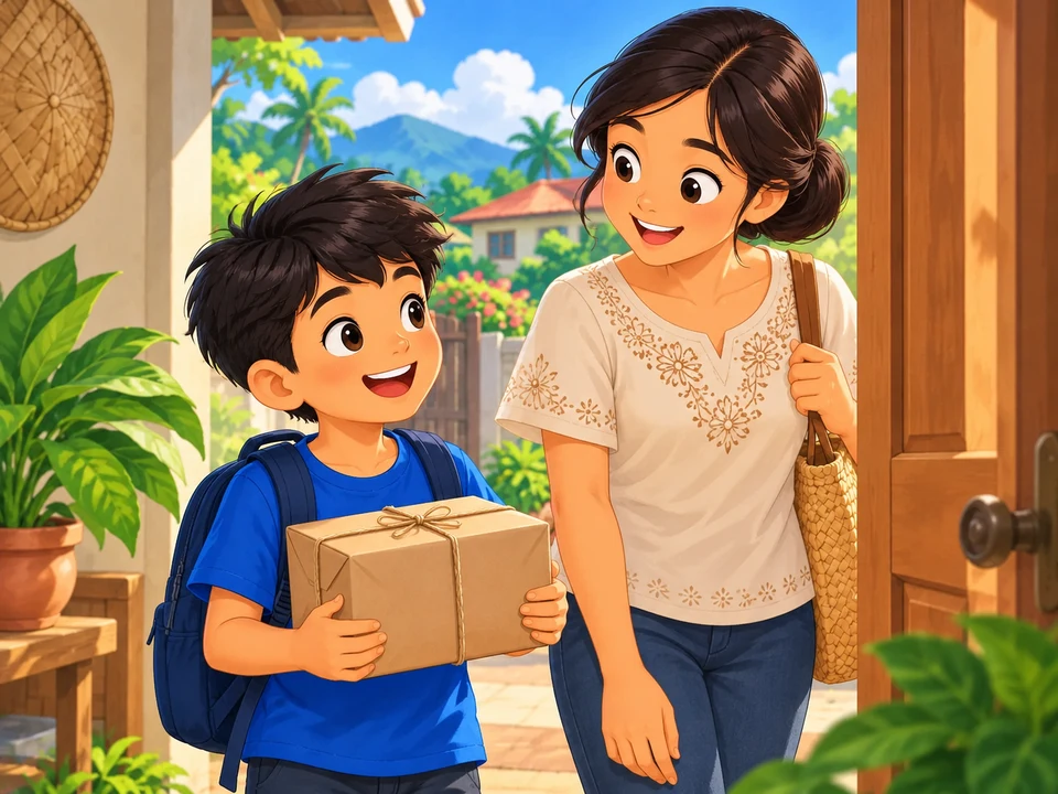 A child and an adult prepare to carry a wrapped parcel together.