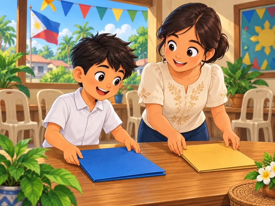 A pupil and an adult prepare plain folders for planning a gathering.