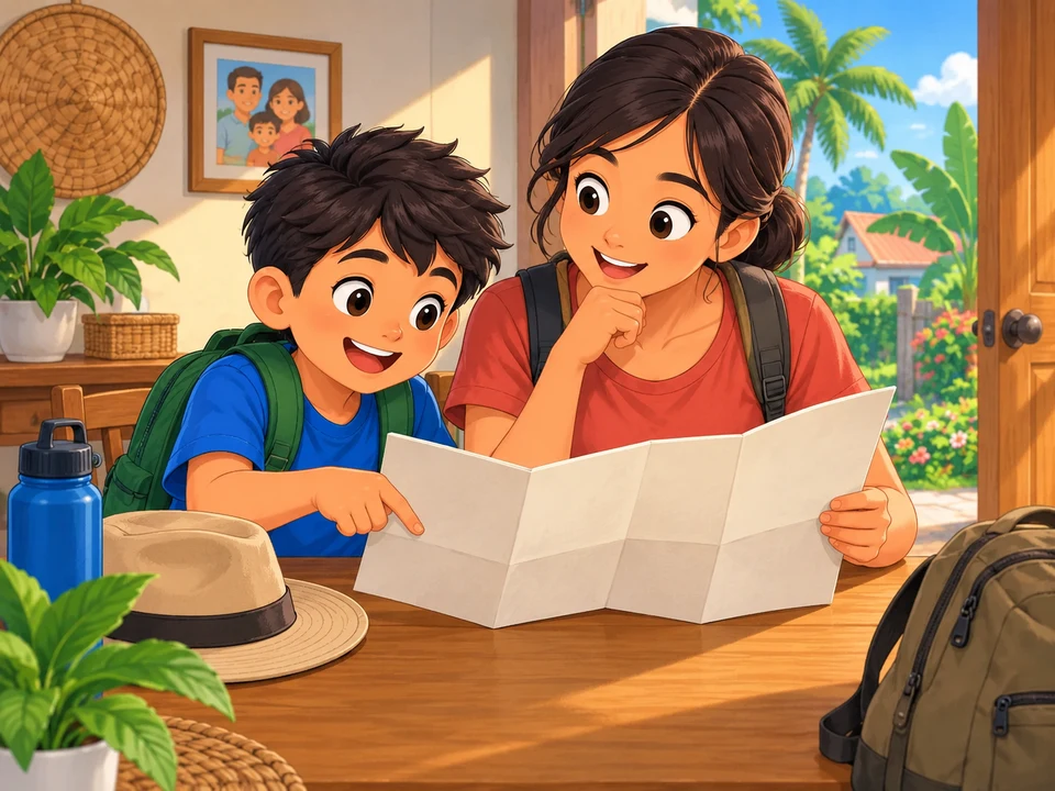 A child and an adult prepare a folded map before a walk.