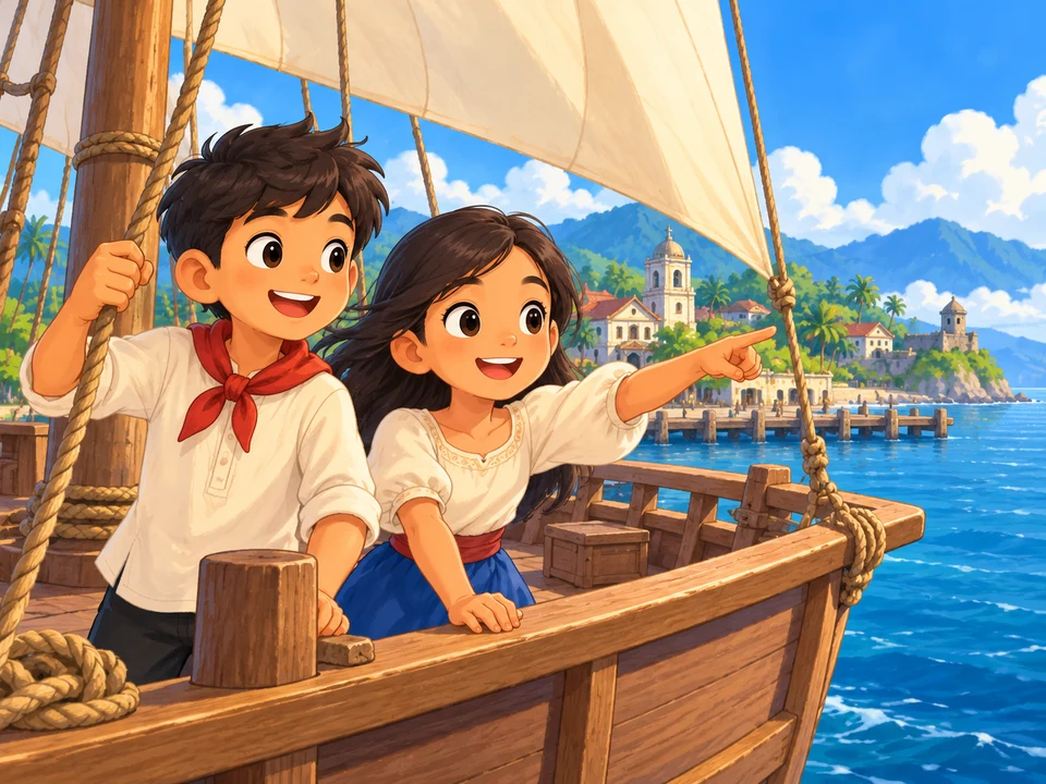An imaginary sailing ship begins a voyage from a quiet harbor.
