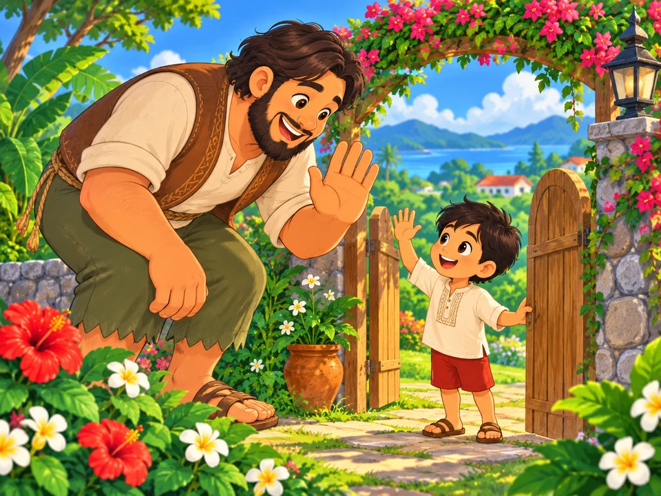 A friendly giant greets a Filipino child at an imaginary garden gate.