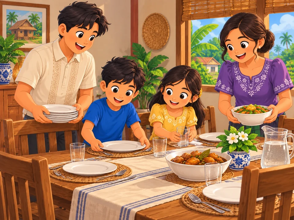 A Filipino family prepares a dining table in an imaginary home.