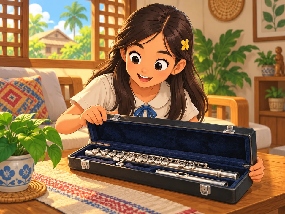 Belen opens her flute case at a living-room table.