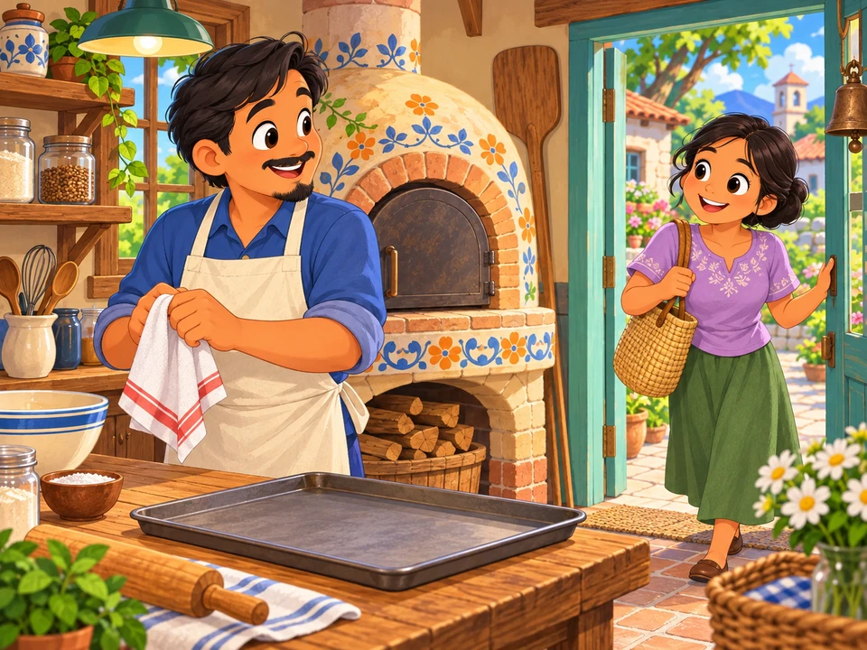 The baker prepares beside his closed storybook oven as a neighbour arrives at the bakery doorway.