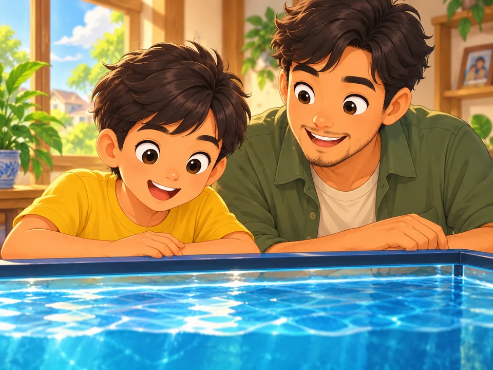 Kai and his uncle quietly observe the upper water of a marine tank.