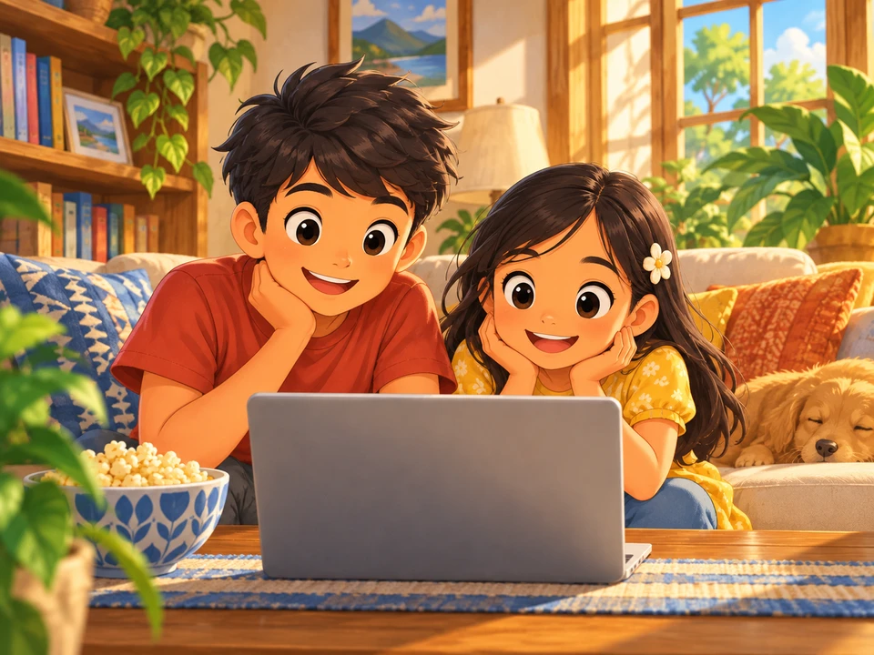 Ben and his sister prepare to watch a nature film at home.