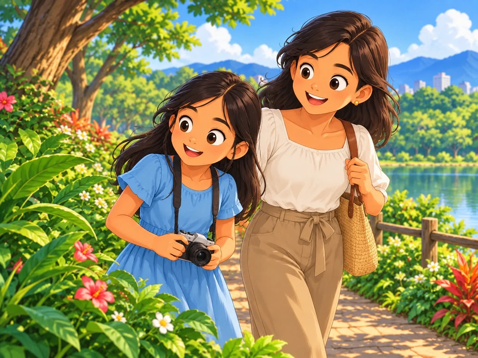 Mia and her aunt walk through a leafy park with a camera.