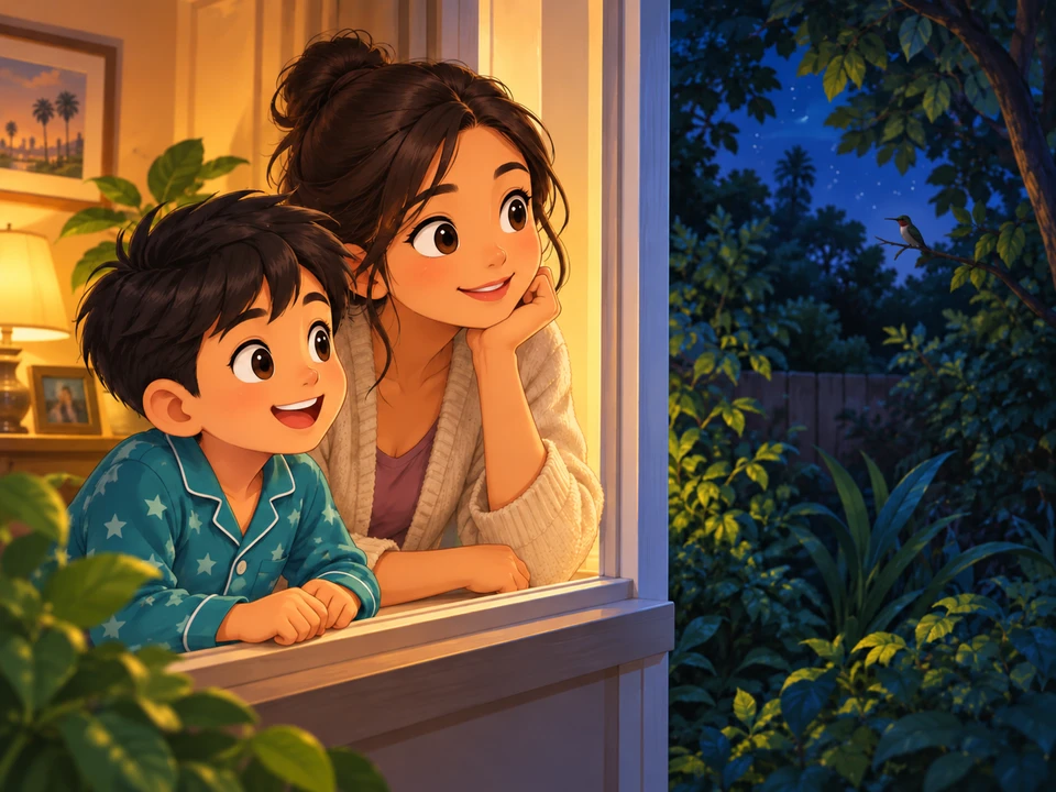 Jo and his aunt look through a warmly lit window into the night garden.