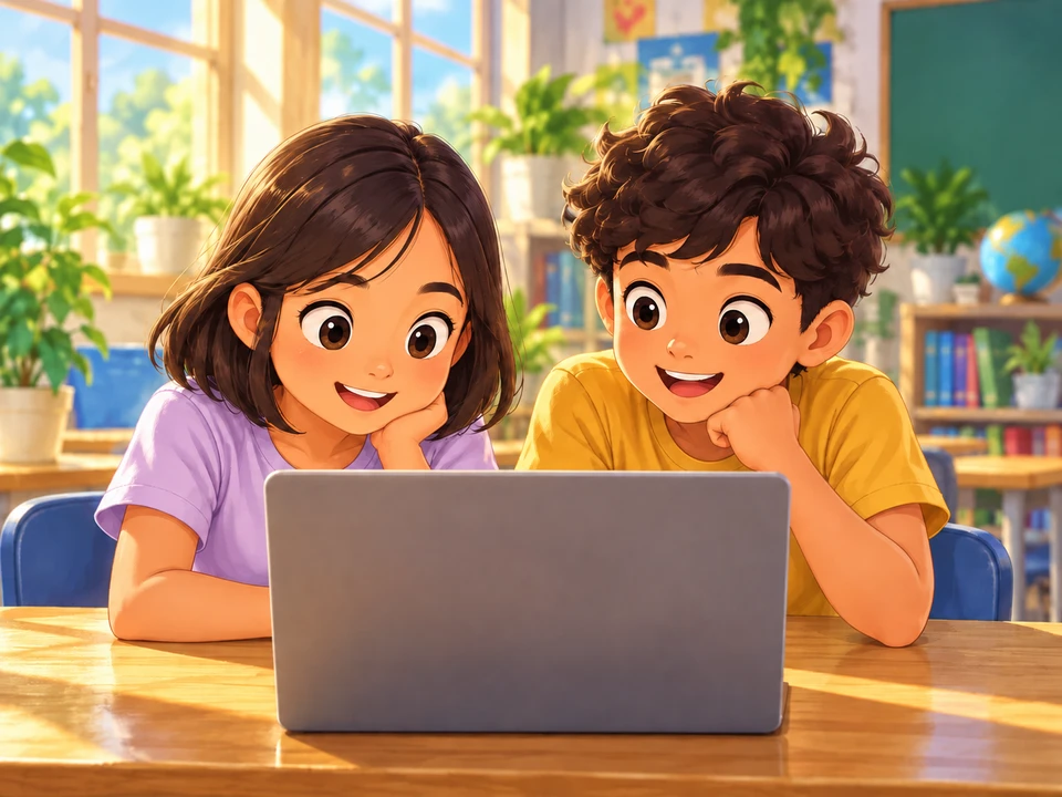 Lena and Omar watch a laptop together in a bright classroom.