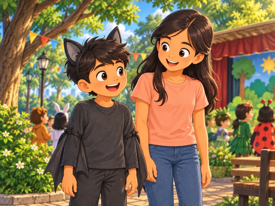Rafi wears a bat costume beside his sister at a park play.