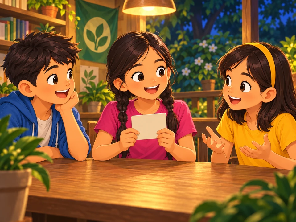 Ana and her friends talk around the nature club table during an evening game.