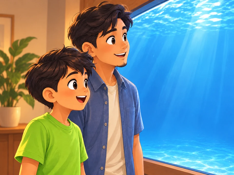 Nico and his uncle look into a blue marine aquarium at home.