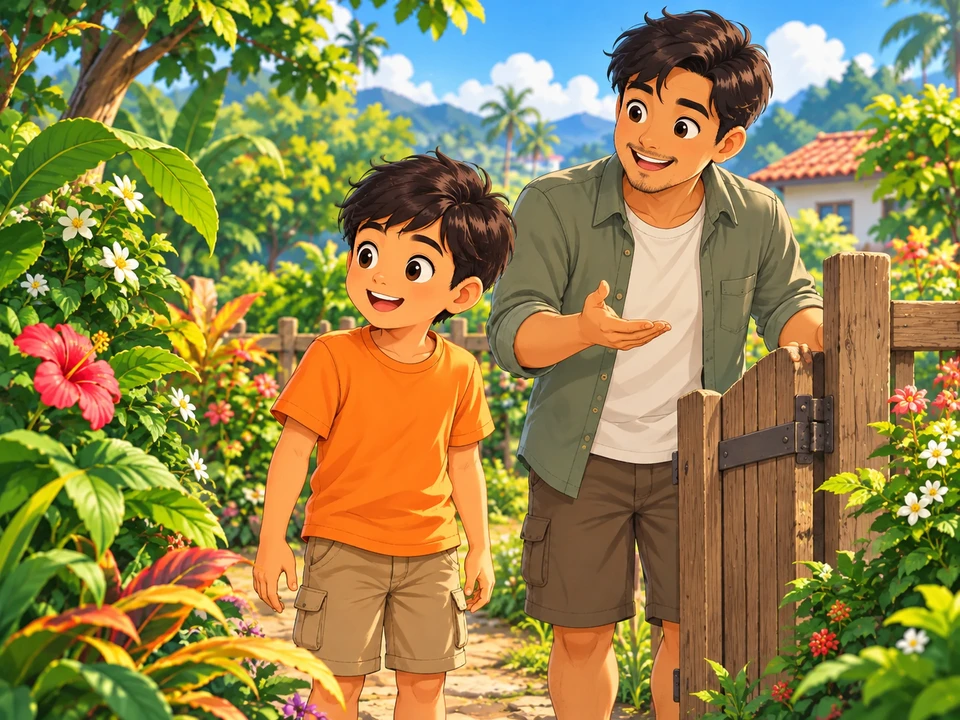 Luis and his uncle stand beside a gate on a leafy garden path.
