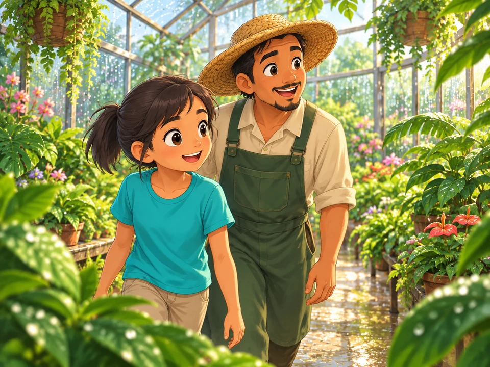 Cora and a gardener walk through a bright greenhouse after rain.