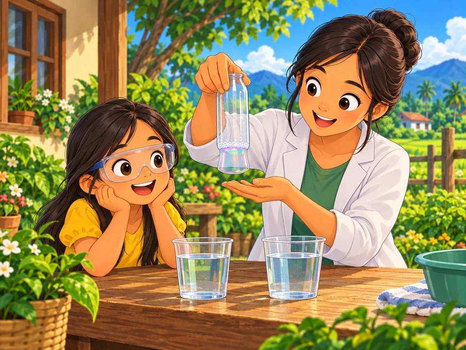 Lia wears goggles while her teacher prepares an upright bottle above two water cups in a bright classroom.