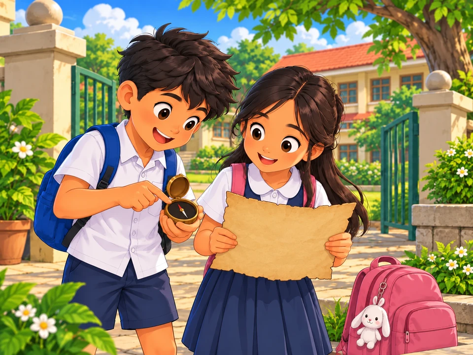 Tess and her partner study a plain treasure card and compass beside her bag at a sunny school gate.