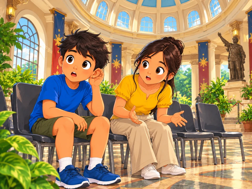 Ivo listens in surprise beneath a tall hall dome while his sister stands beside rows of empty chairs.