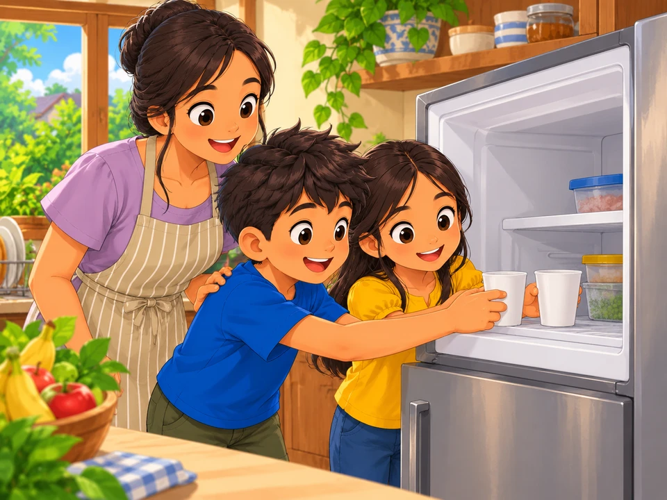 Pao and his cousin place two plain water cups in one freezer while their aunt supervises in the kitchen.