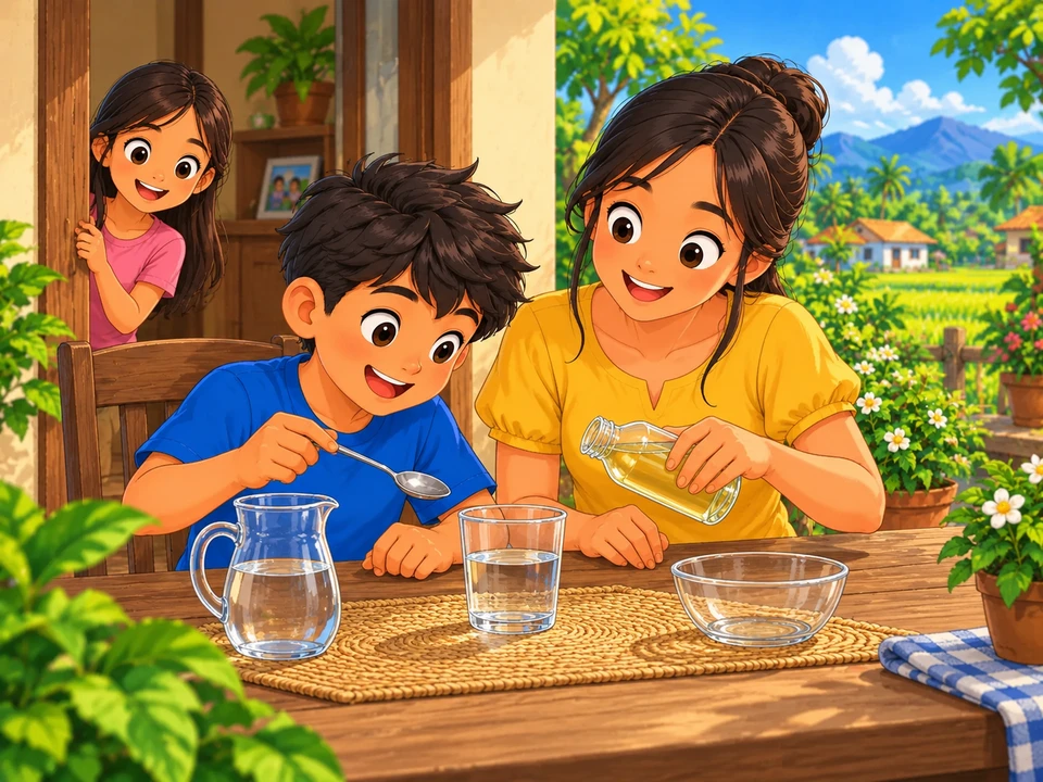 Noel prepares a clear water cup and spoon with an adult while his friend waits outside the doorway.