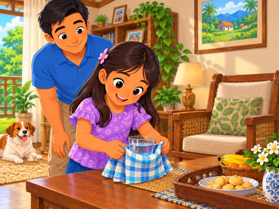 May arranges a cloth around a plain drink while her father watches and the guest's chair remains empty.