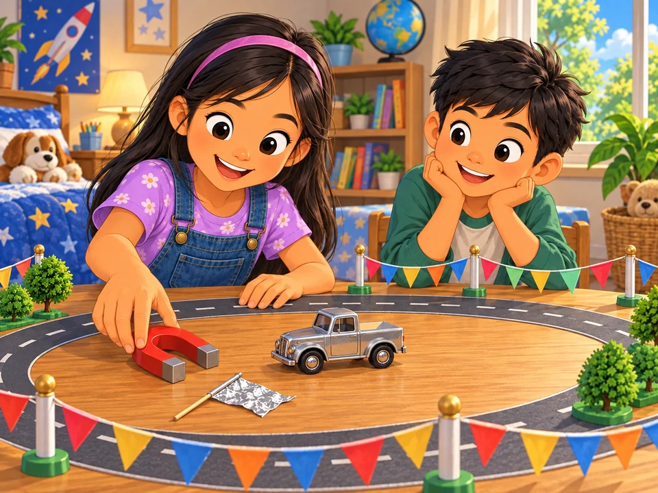 Gia prepares a loose foil flag, steel toy and plain magnet for a toy parade while her brother watches.